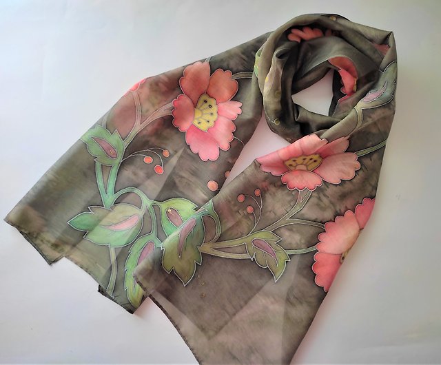 Pink Floral Scarf, hand painted pink scarf, pink scarves