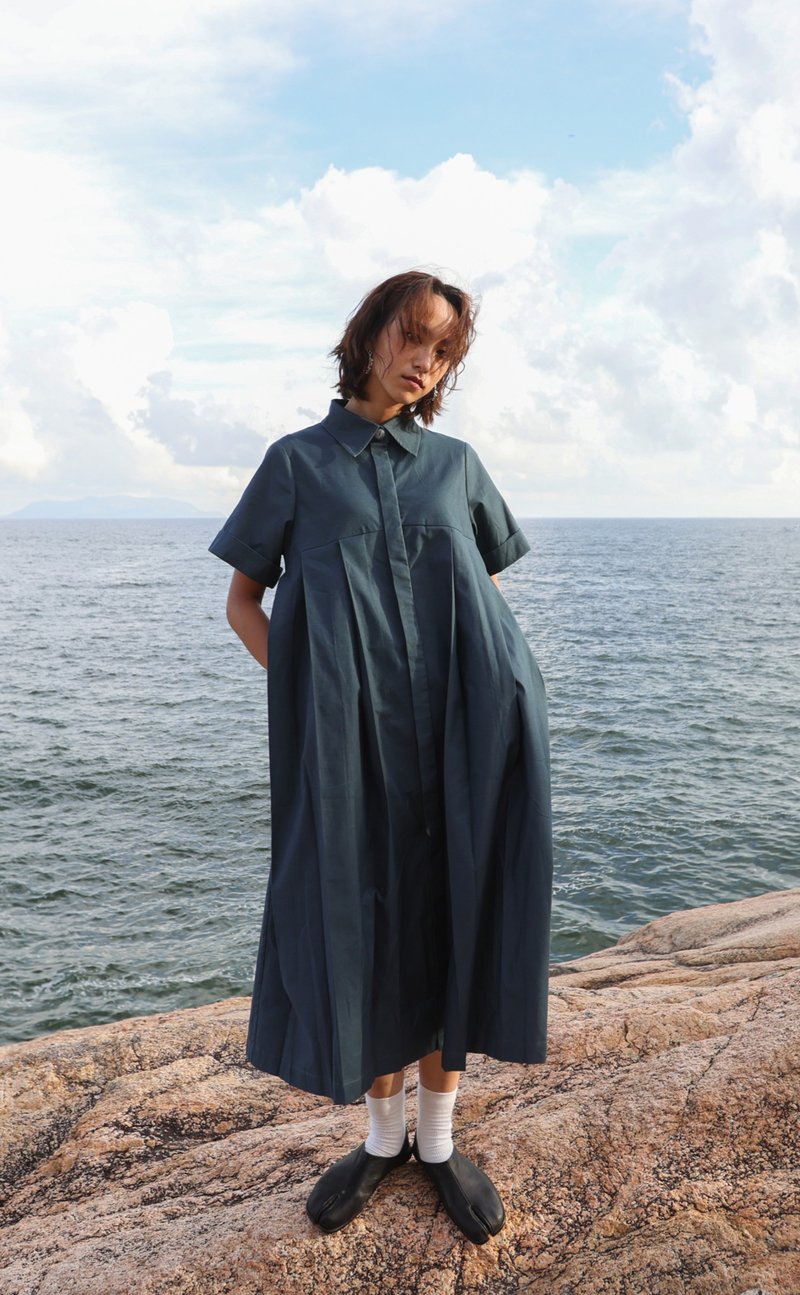 連身百褶裙 Maxi Pleated Skirt - 洋裝/連身裙 - 棉．麻 藍色