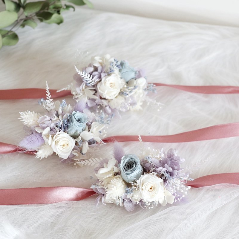 Wedding Immortal Rose Wrist Flower - Mist Blue Purple - ช่อดอกไม้แห้ง - พืช/ดอกไม้ 