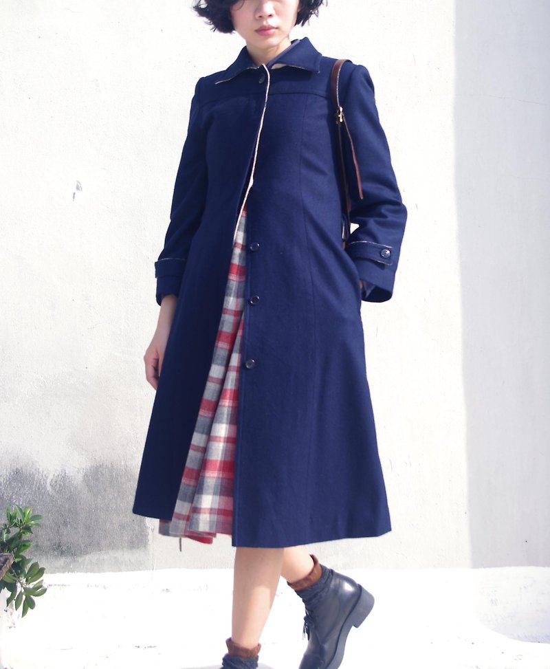 4.5studio- vintage treasure hunt - Japan Ginza texture dark blue woolen shirt collar long coat - Women's Casual & Functional Jackets - Other Materials Blue