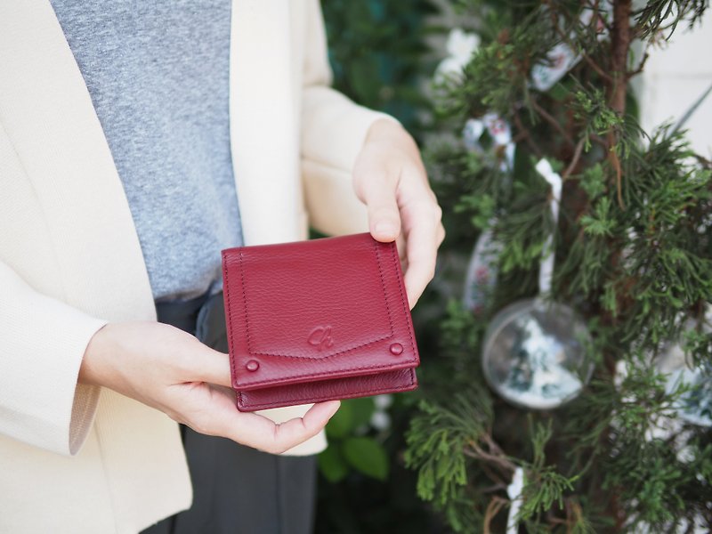 Hannah (Burgundy) : Small leather short wallet, folded wallet - 銀包 - 真皮 紅色