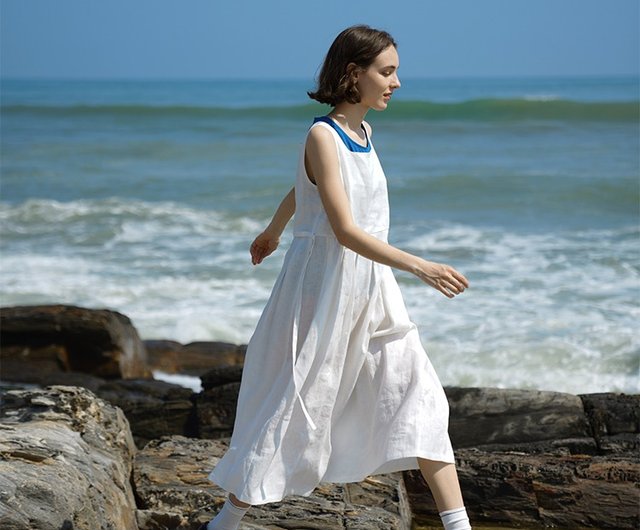 Plain white linen store dress