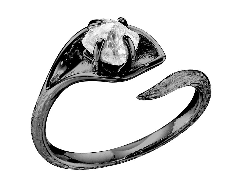 鑽胚14k黑馬蹄蓮戒指 海芋花鑽石原石訂婚戒指 樹紋原礦求婚戒指 - 戒指 - 鑽石 銀色