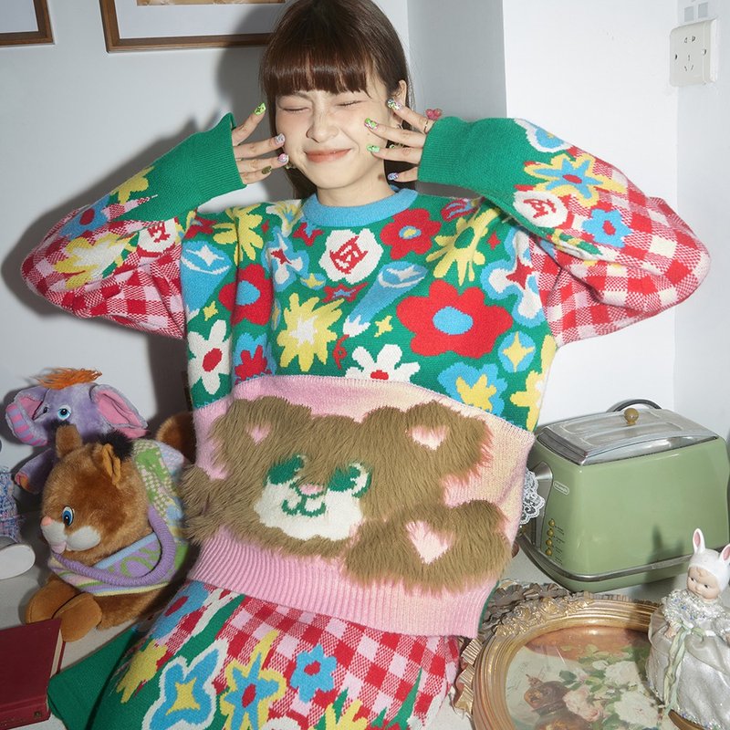 Red plaid plush bear flower New Year Christmas atmosphere sweater knitted top - Women's Tops - Other Materials Multicolor