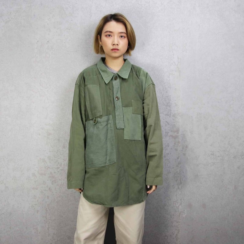Tsubasa.Y Ancient House 005 Re-splicing Long Sleeve Army Lining, Splicing Army Green Army Shirt - Men's Shirts - Cotton & Hemp 