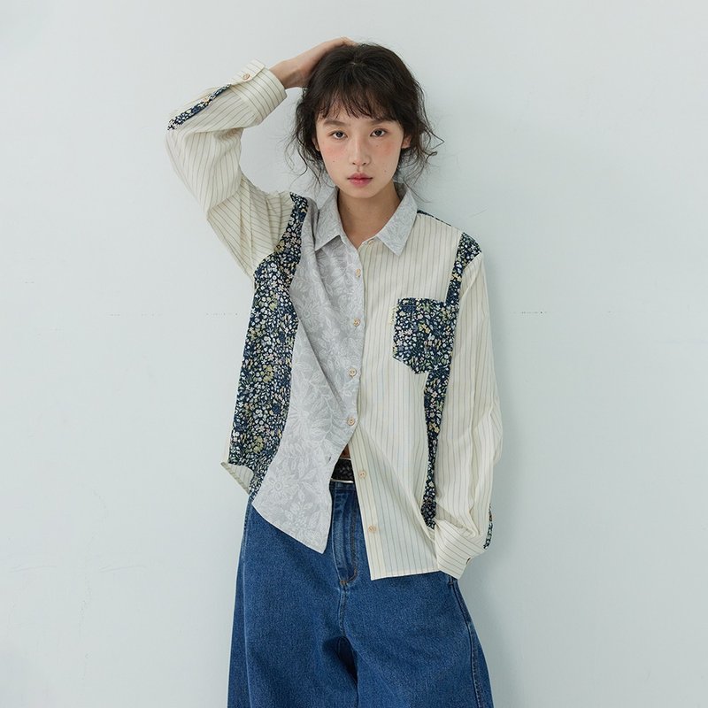 碎花拼接長袖襯衫|襯衫|春款|Sora-1750 - 女襯衫 - 棉．麻 多色