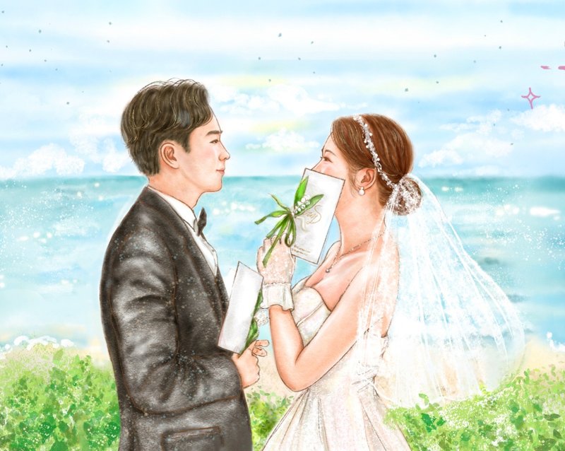 A5 size 結婚繪畫/夢幻可愛風 花圈插畫 結婚禮物 客製似顏繪 - 似顏繪/客製畫 - 紙 白色