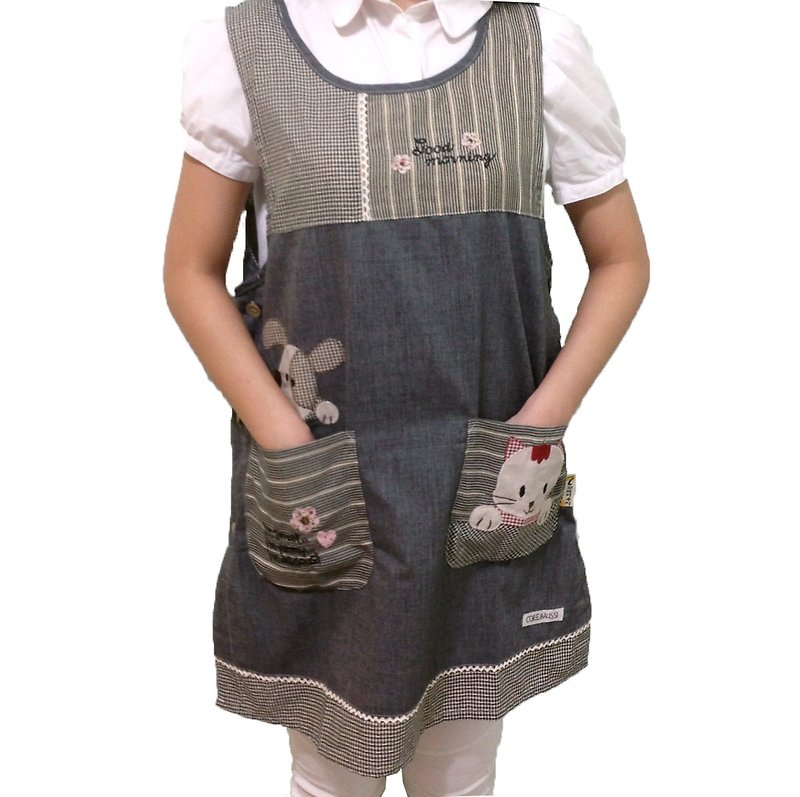 [BEAR BOY] cute dog and cat double pocket apron - black (side buckle) - ผ้ากันเปื้อน - วัสดุอื่นๆ หลากหลายสี