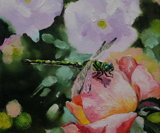 オリジナル油絵トンボと花、昆虫アートワーク、動物絵画 - ショップ GalleryPaintingsArt ウォールデコ・壁紙 - Pinkoi