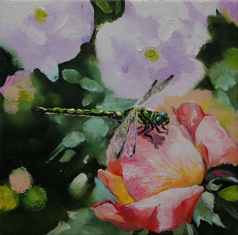 Original Oil Painting Dragonfly and Flowers, Insect Artwork, Animal Paintings - ตกแต่งผนัง - วัสดุอื่นๆ หลากหลายสี