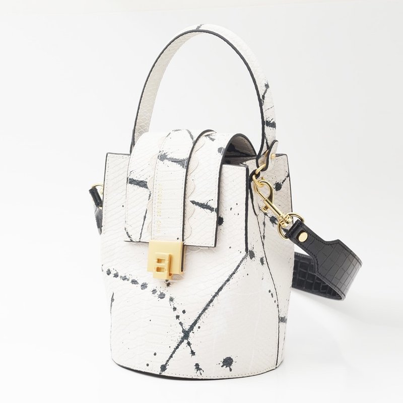 Jackie Bucket Bag Splashed Ink Snake Pattern Cowhide - Drawstring Bags - Genuine Leather White