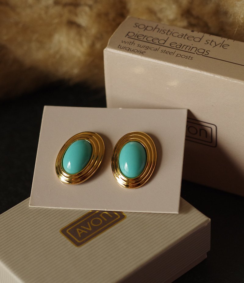1 Old and Good Antique Jewelry Gold Blue Oval Pin Earrings Avon 1986 P172 - ต่างหู - โลหะ สีทอง