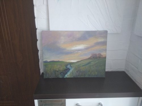 風景油絵夕方空オリジナルアート日没手作り夏の壁アート