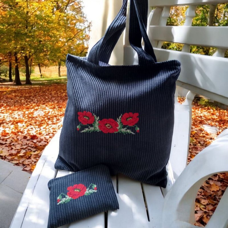 Set of blue bag and cosmetic bag made of corduroy fabric with hand embroidered r - Handbags & Totes - Other Materials Blue