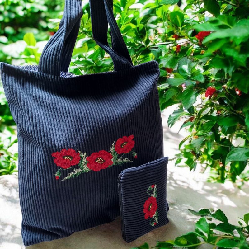 Blue corduroy bag and cosmetic bag – Hand embroidered – Accessory set – Gift for - 手提包/手提袋 - 聚酯纖維 藍色