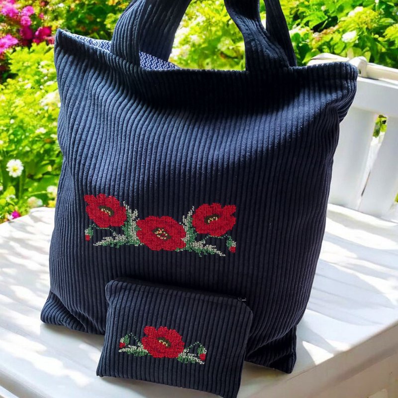 Blue corduroy bag and cosmetic bag – Hand embroidered – Accessory set – Gift for - 手提包/手提袋 - 聚酯纖維 藍色