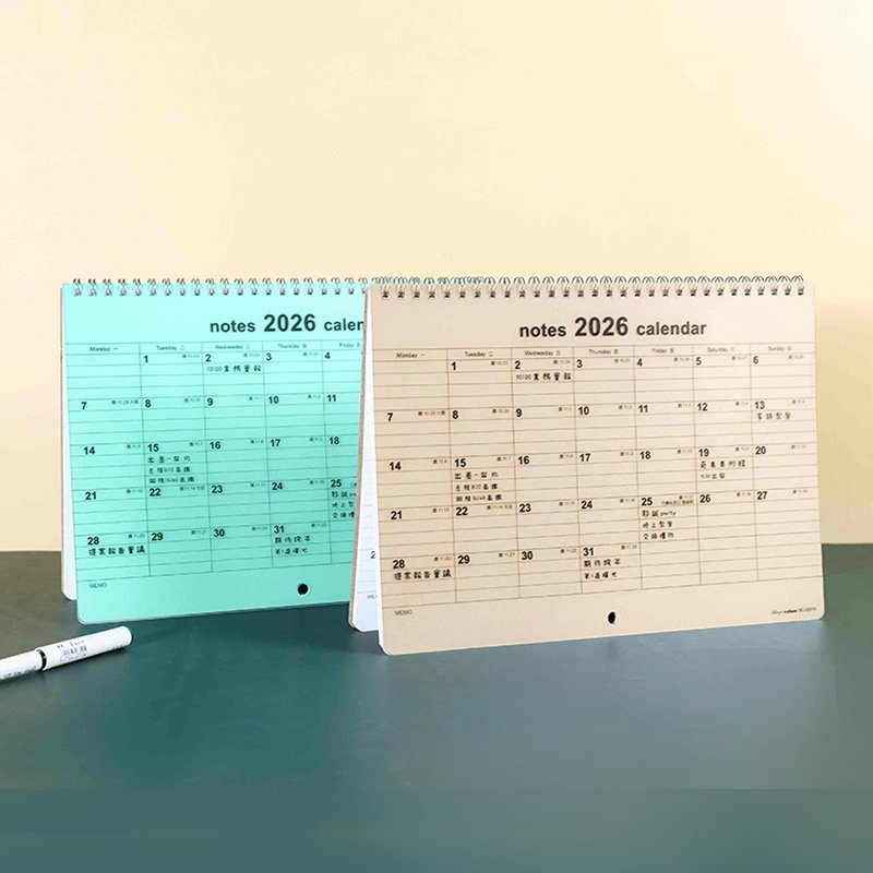 Chuyu  2026年可掛式雙圈月曆+筆記/兩用站立吊掛/掛曆/桌曆 - 日曆/月曆/年曆 - 紙 多色