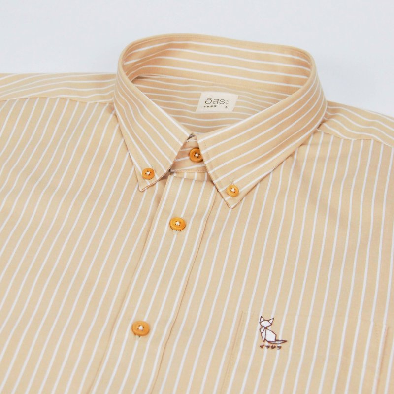 (SIZE XL) CAT // khaki stripe // men shirt slim fit - 男襯衫/休閒襯衫 - 棉．麻 卡其色