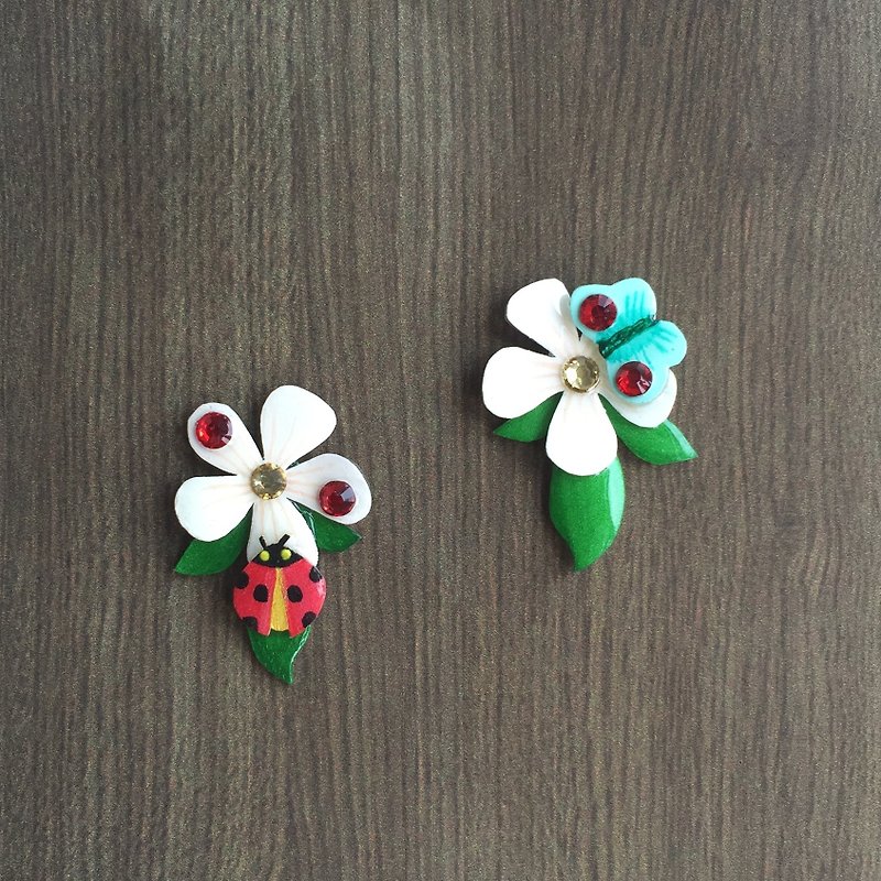 [Breath] original natural stones hand-painted blue and green cherry flower frangipani green leaf insect Daisy Ladybug Butterfly House - earring pierced ear clip-free - cute elegant fashion personality - Souvenir birthday holiday valentine exchange - Earrings & Clip-ons - Acrylic 