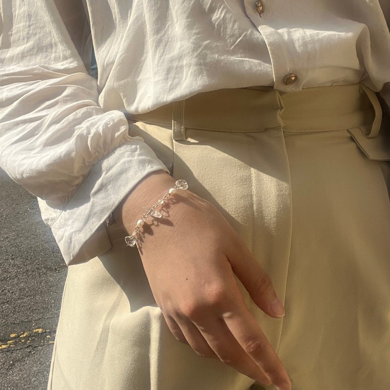 若水_純銀 手作り ブレスレット 天然石 ホワイトクォーツ ムーンストーン 淡水パール - ブレスレット - スターリングシルバー シルバー