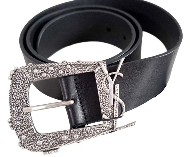 YSL ブラックレザーベルト シルバー ロゴ SAINT LAURENT ブラックレザーYSLロゴベルトシルバーバックル