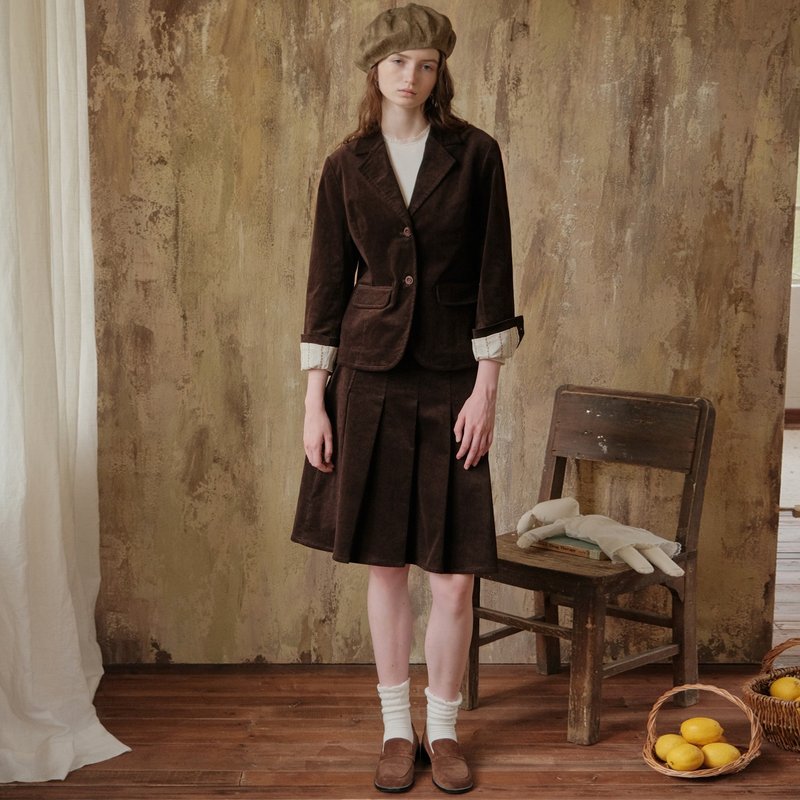 MintCheese英倫復古少女風日產優質燈芯絨棕色正肩西服百褶半身裙 - 其他 - 其他材質 咖啡色