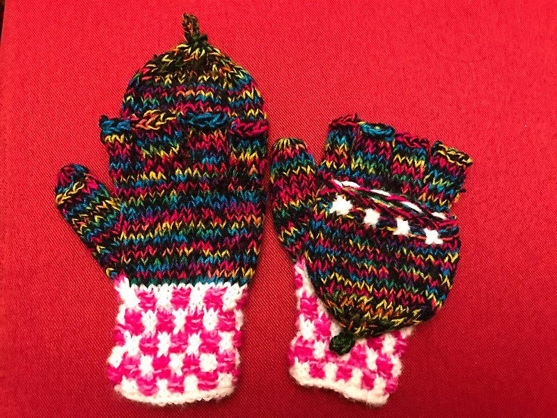 ペルーの手作りのウールキャップグローブ - ブラックピンク - 手袋 - コットン・麻 多色