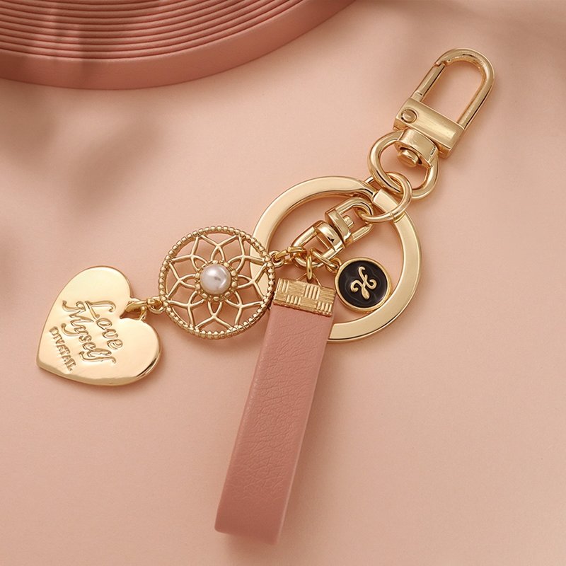 Dreamcatcher Birthstone initial Leather Keyring - 鑰匙圈/鑰匙包 - 繡線 粉紅色