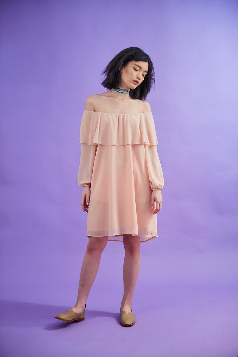 Open flare shoulder dress (beige) - 連身裙 - 棉．麻 橘色