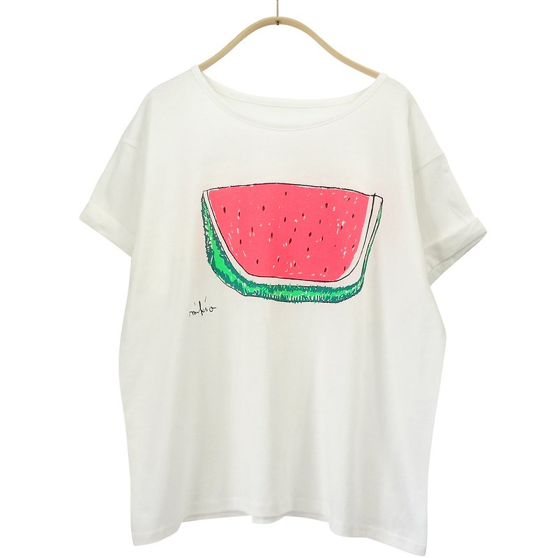 棉．麻 女 T 恤 粉紅色 - Watermelon Women's YURUFUWA t-shirt Neon Pink