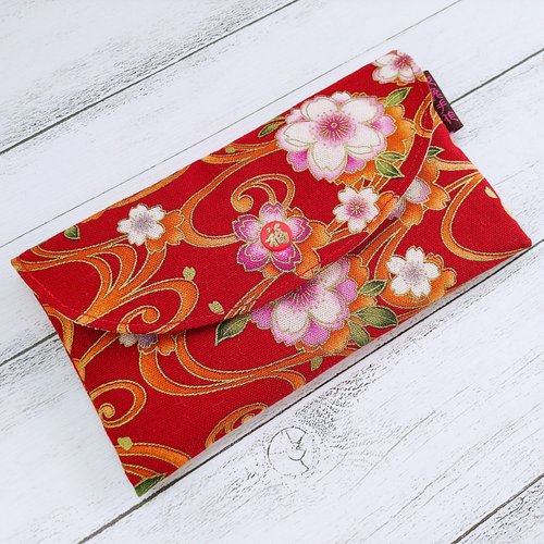 花兔手作 Hwatokki Handmade 櫻花祥雲紋幅字釦紅包袋 錢母袋 存摺包