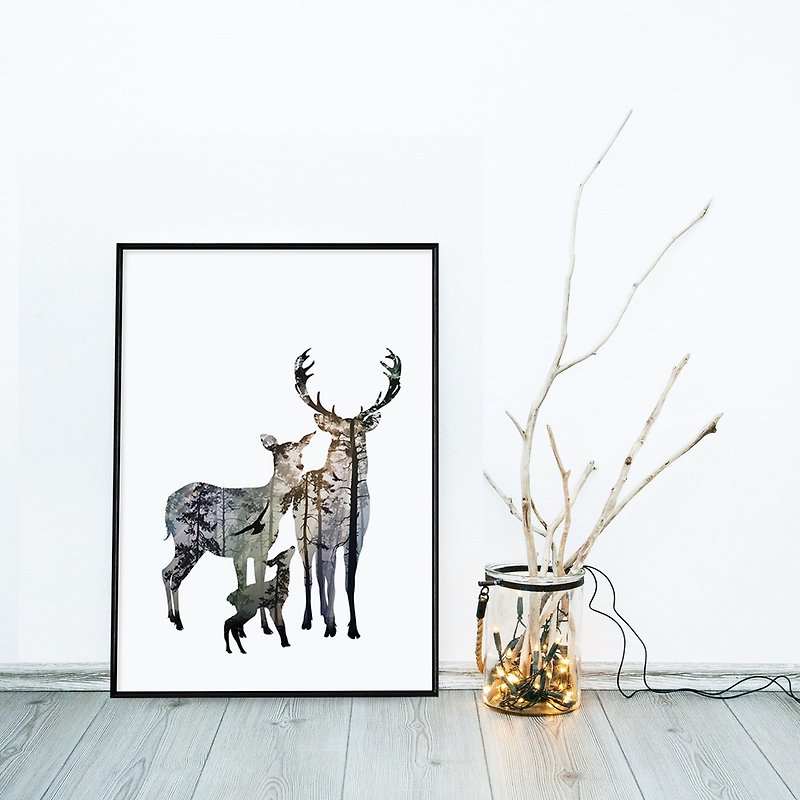 Elk Family-Printable Wall Art Instant Download animal illustrations living room - Posters - Cotton & Hemp Multicolor