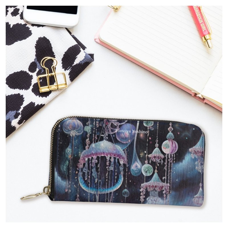 Fantastic and dreamy cute jellyfish and glittering decorations and space long wallet pouch genuine leather - Wallets - Genuine Leather Multicolor