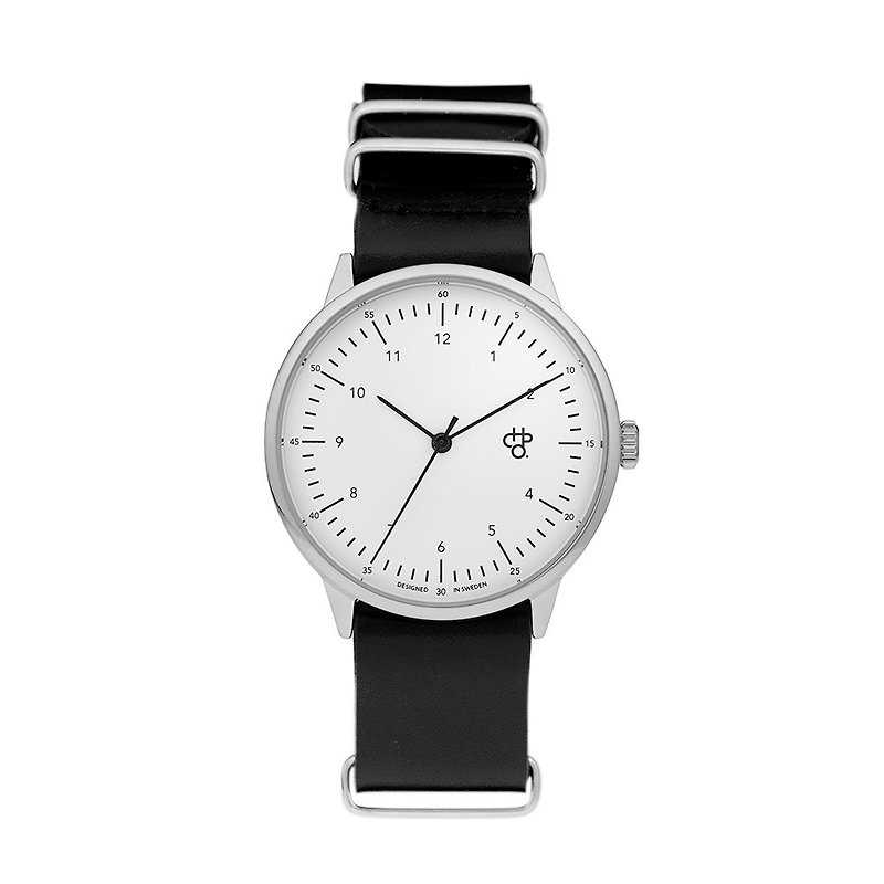 Harold series silver white dial black military leather watch - นาฬิกาผู้ชาย - หนังแท้ สีดำ
