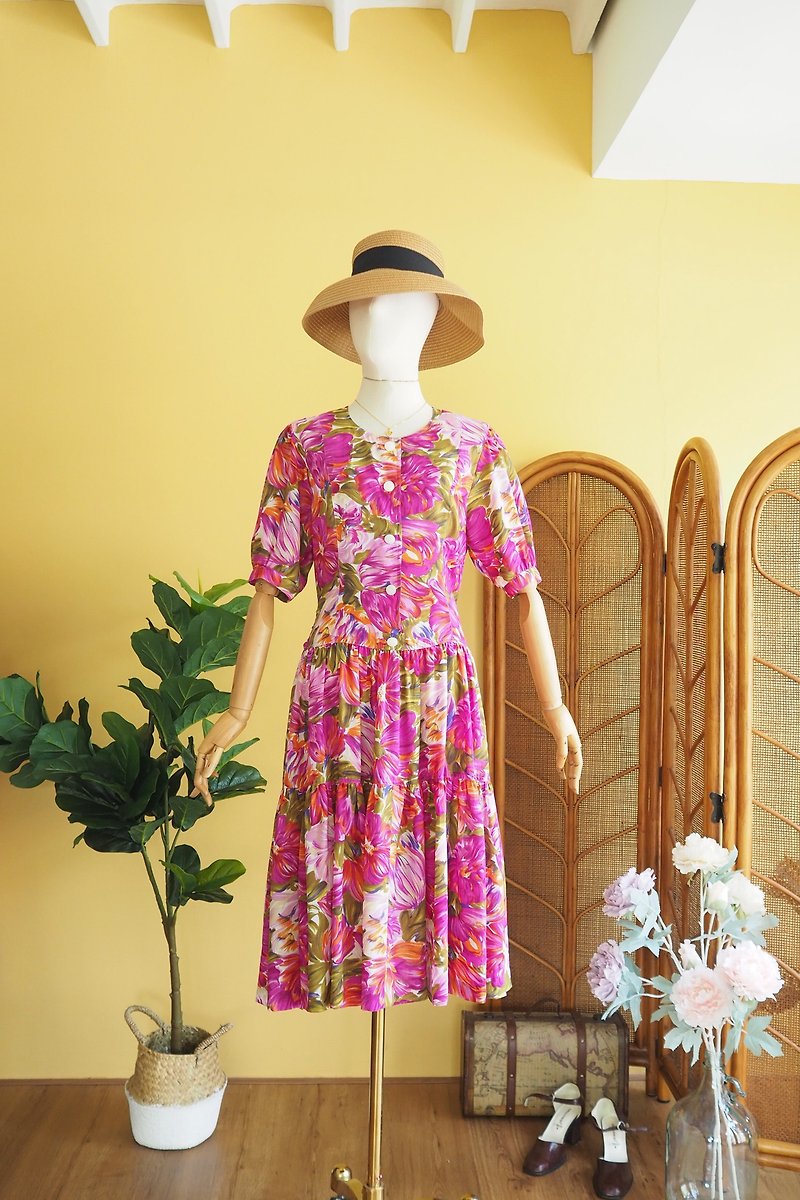 古著洋裝 | Size M | Pink violet floral print dress - 連身裙 - 聚酯纖維 粉紅色