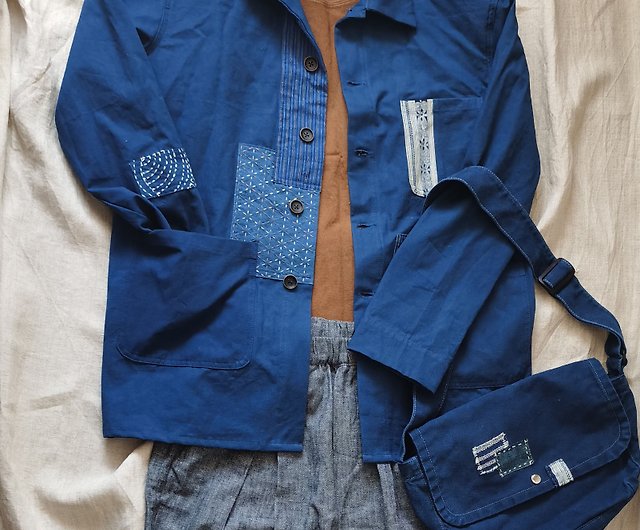 藍色のコットン上着 手刺繍 - ジャケット・アウター