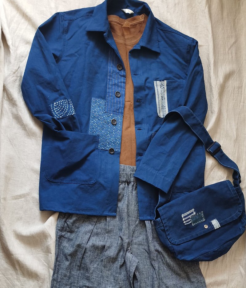 Plant blue dyed hand-embroidered cotton top coat - Men's Coats & Jackets - Cotton & Hemp 