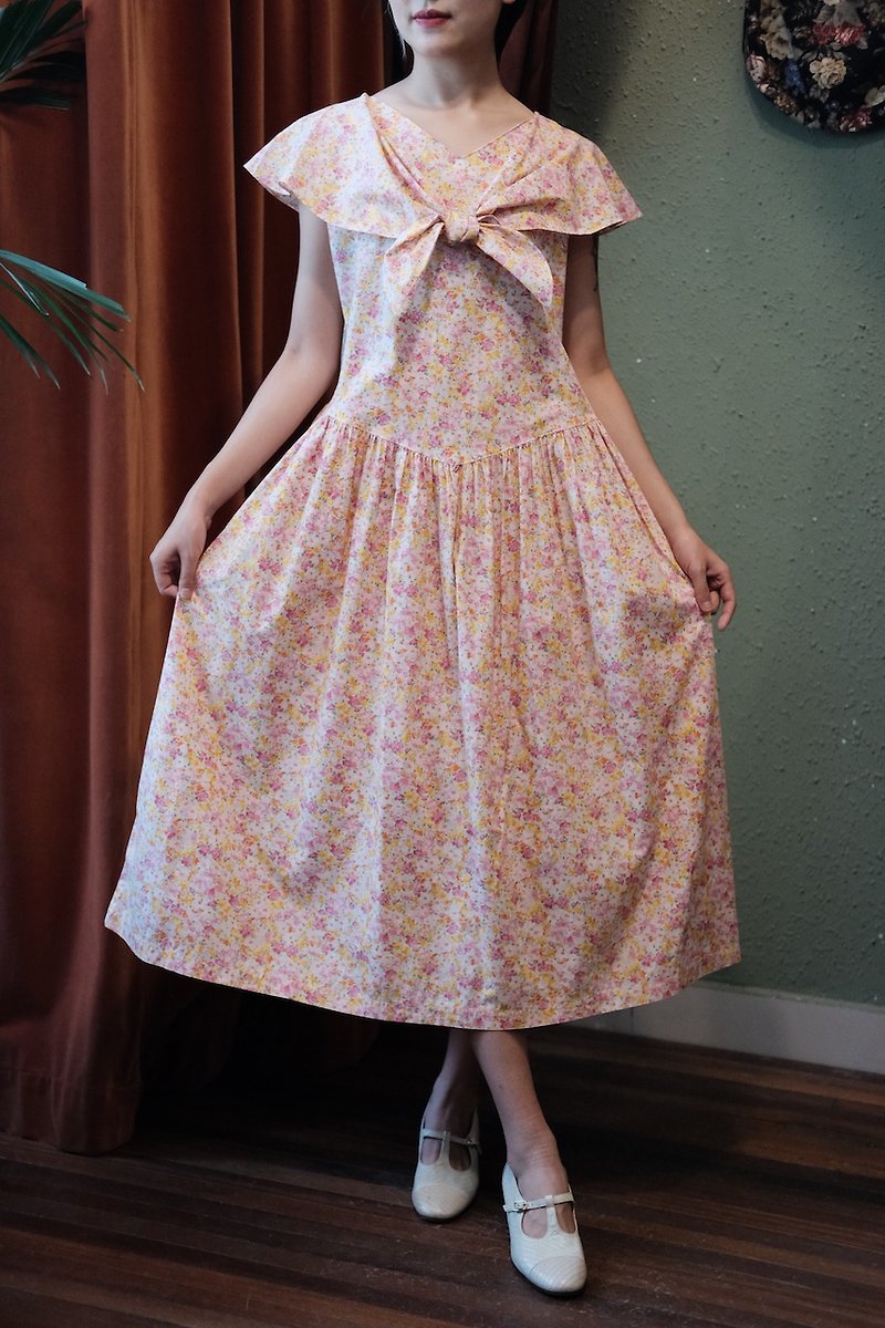 vintage dress shawl lapel bow tie print dress - One Piece Dresses - Cotton & Hemp 