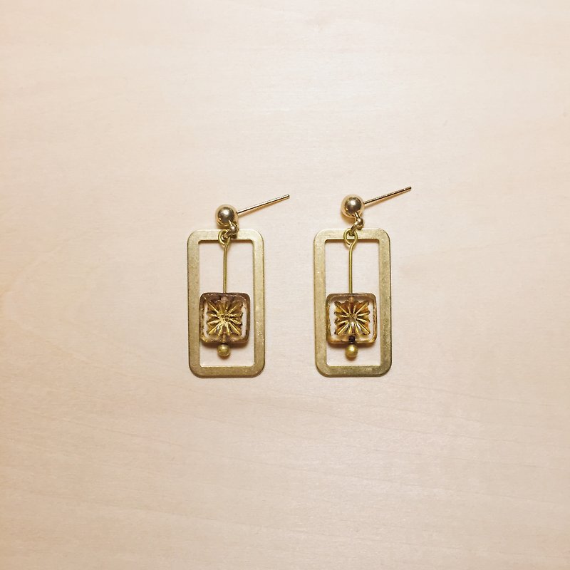 Vintage Amber Carved Glass Rectangular Earrings - Earrings & Clip-ons - Copper & Brass Gold