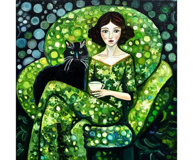 原創畫黒猫の少女 絵画アート オリジナルアート 油絵 キャンバス