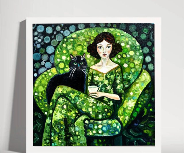 原創畫黒猫の少女 絵画アート オリジナルアート 油絵 キャンバス