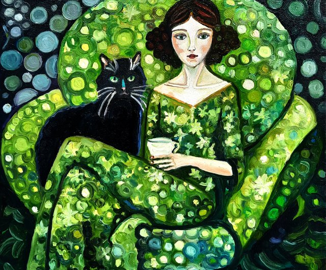 絵画。原画☆キャンバスF6【黒猫は白猫とデートして美味しい