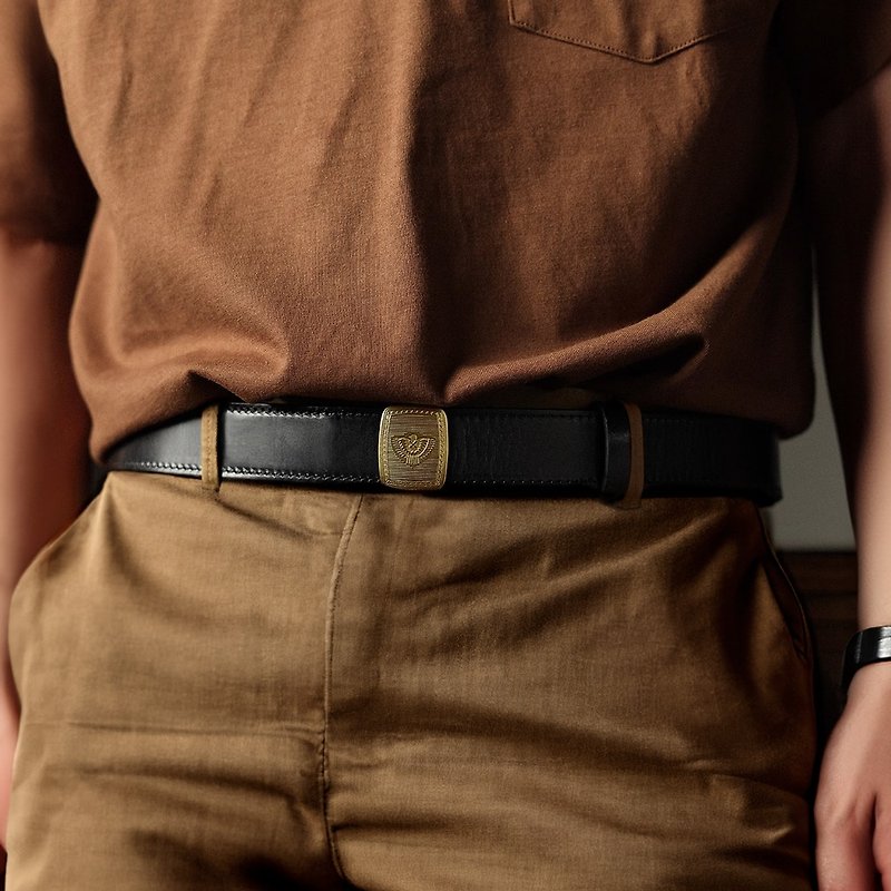 [Free English name engraving] Retro men's genuine leather belt full-layer cowhide belt business casual trouser belt - เข็มขัด - หนังแท้ 