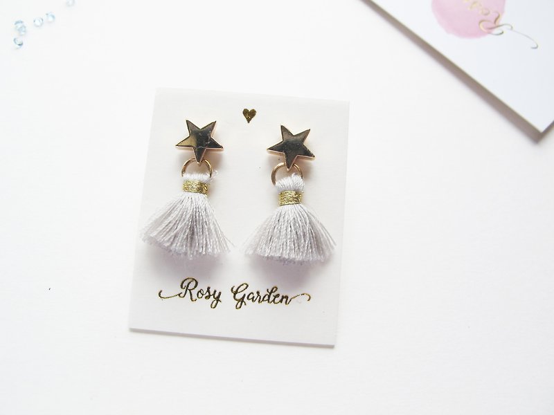 Rosy Garden Light grey color  tassel with little star earrings - Earrings & Clip-ons - Other Materials Gray
