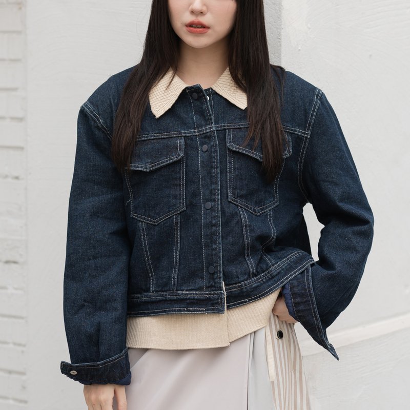 Vintage Denim Jacket - Detachable Knit Collar Hem - Blue - Women's Casual & Functional Jackets - Cotton & Hemp Blue