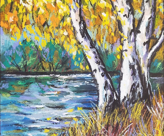 秋の風景画 オイルパステルアート 白樺川沿い 印象派アート - ショップ