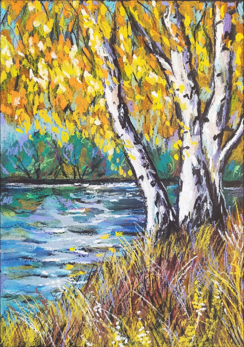 Autumn landscape painting oil pastel art birches by the river impressionism art - 壁貼/牆壁裝飾 - 紙 橘色