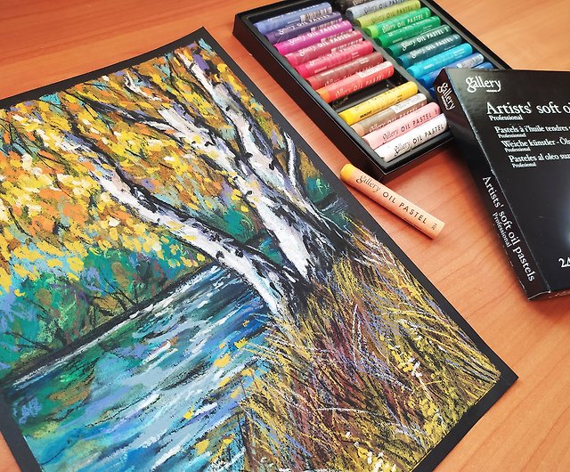 秋の風景画 オイルパステルアート 白樺川沿い 印象派アート - ショップ