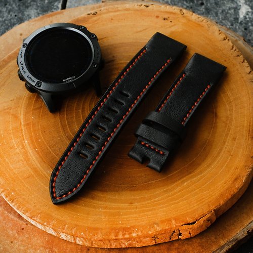 RuslieStraps Garmin Watch Black Leather Strap Red Stitching With Quickfit Garmin Connector