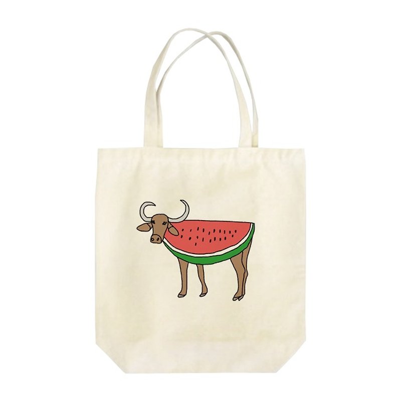 Water melon buffalo Tote bag - กระเป๋าถือ - ผ้าฝ้าย/ผ้าลินิน ขาว